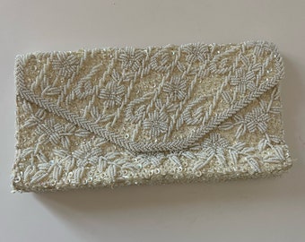 White Beaded Sequins Clutch Purse, Bradlees, Made in Hong Kong, Vintage 1970's, Bridal, Prom, Wedding Clutch