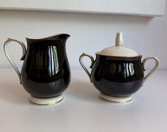 Noritake Ivory and Ebony Sugar Bowl and Creamer | Black and Gold China