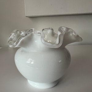 Vintage Fenton Rose Bowl Vase Milk Glass Silver Crested Doubled Crimped Edge