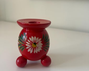 Vintage Swedish Red Wooden Candle Holder Ball-Footed Hand Painted Daisy Sweden