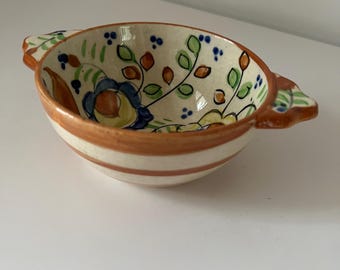 Hermoso cuenco vintage pintado a mano en Japón con motivos florales, cuenco pequeño con asas, decoración bohemia ecléctica, idea de regalo, 7" de largo x 5" de profundidad x 2,25" de alto