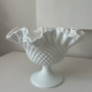 Stunning Vintage Fenton Milk Glass Footed Hobnail Ruffled Crimped Trinket Candy Dish compote Bowl Hobnail 9”r x 7”t