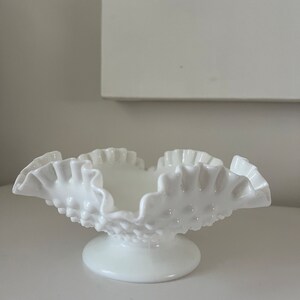 Vintage Fenton Milk Glass Hobnail Fluted Ruffled Edge Footed Bowl | 8”
