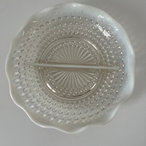 Vintage Anchor Hocking Moonstone Clear Hobnail Divided Relish Dish Tray Opalescent 7.5”Dx1.5”T