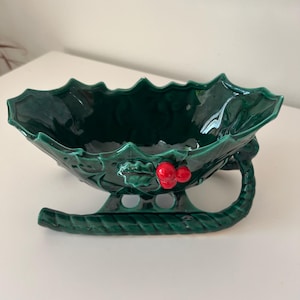 Lefton Holly Berry Sleigh Candy Dish Large 10.5&quot; 8.5”l x 4.5”d x 4.5”t  Vintage Wear and Minor Chips. See Pics and Video