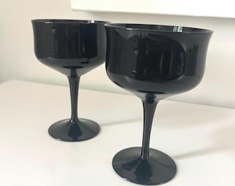 Vintage Black Glass Wine Glasses - American Future System Brand - Set Of 2 Rare