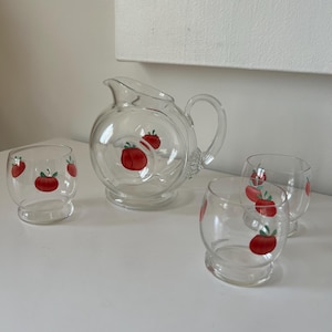 Vintage Mid Century Tomato Juice Pitcher With Set of 3 Glasses Sold as Set