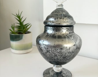 Large Silver Mercury Glass Container w/ Lid - Large Mercury Glass Urn & Cover | 10” Antiqued Silver Mirror Lidded Container - Home Decor