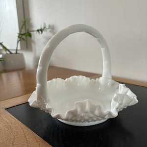 Vintage Signed Fenton Hobnail Milk Glass Candy Bowl Ruffled Rim Basket