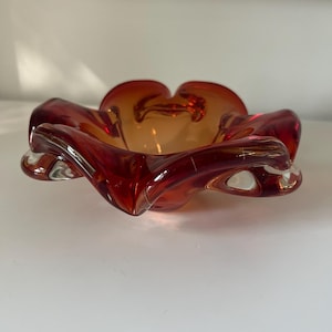 Stunning Vintage 1950s Murano Glass Centerpiece Bowl Red Orange Burnt Orange Clear Italy MCM mid century