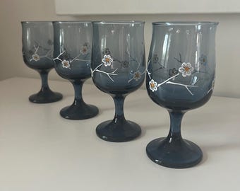 Vintage Libbey Smoke | Blue Dogwood Flower Painted Wine Glasses | Set of 4
