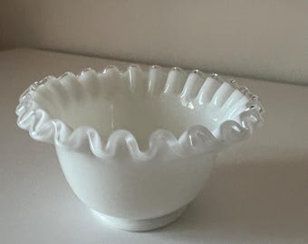 Vintage Fenton Silver Crest White Milk Glass Candy Dish Bowl Clear Ruffled Rim  Milk Glass 4.5”r x 3”t