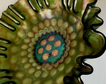フェントン クランベリー　オパールセント　ドット　ラッフルボウル Fenton Glass Cranberry Opalescent Dot Optic Ruffle Top Bowl - Etsy