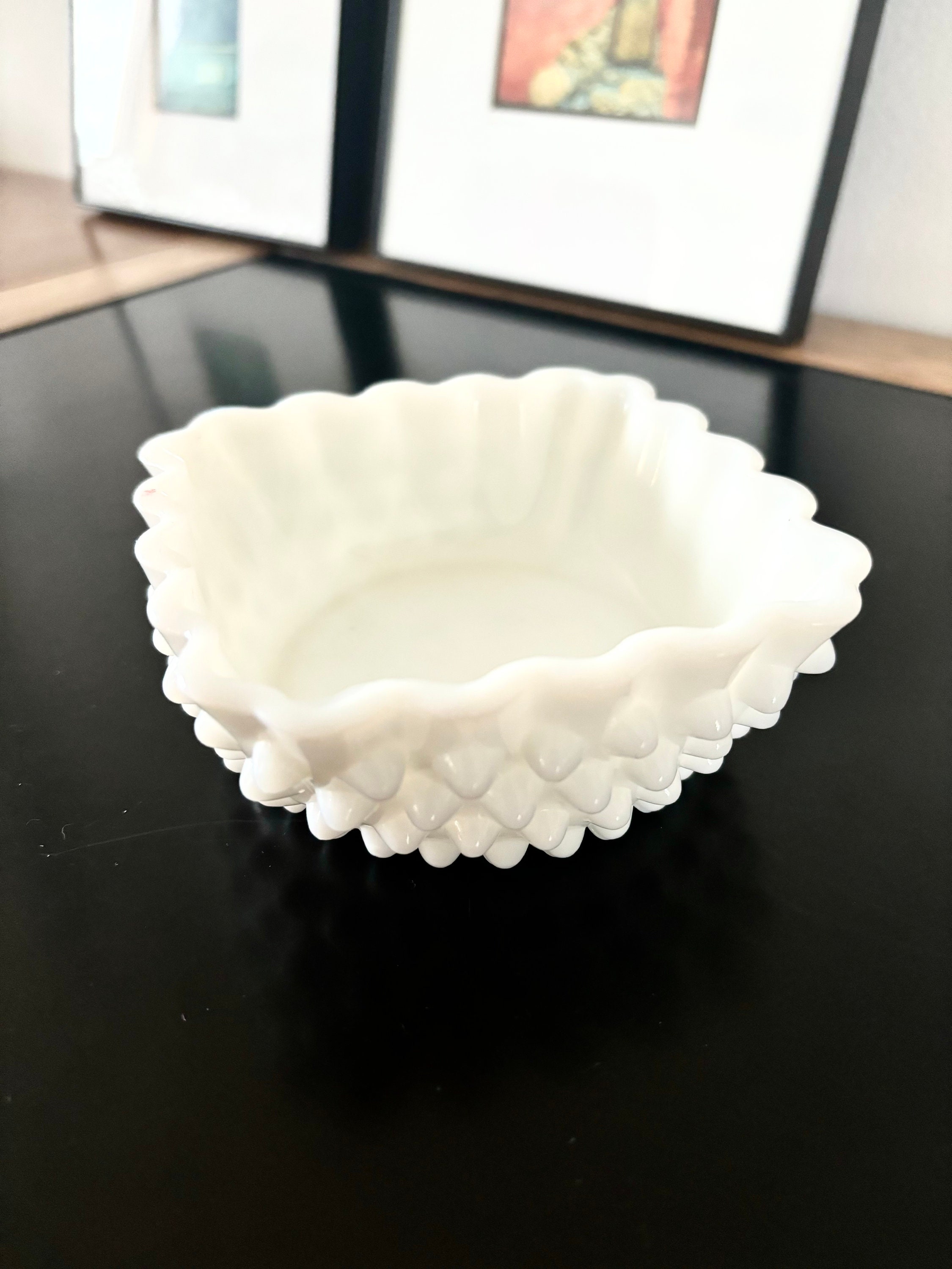 Mid Century 1960's Fenton Milk Glass Hobnail Ruffled Four Square Decorative Dish Jewelry Dish Etsy