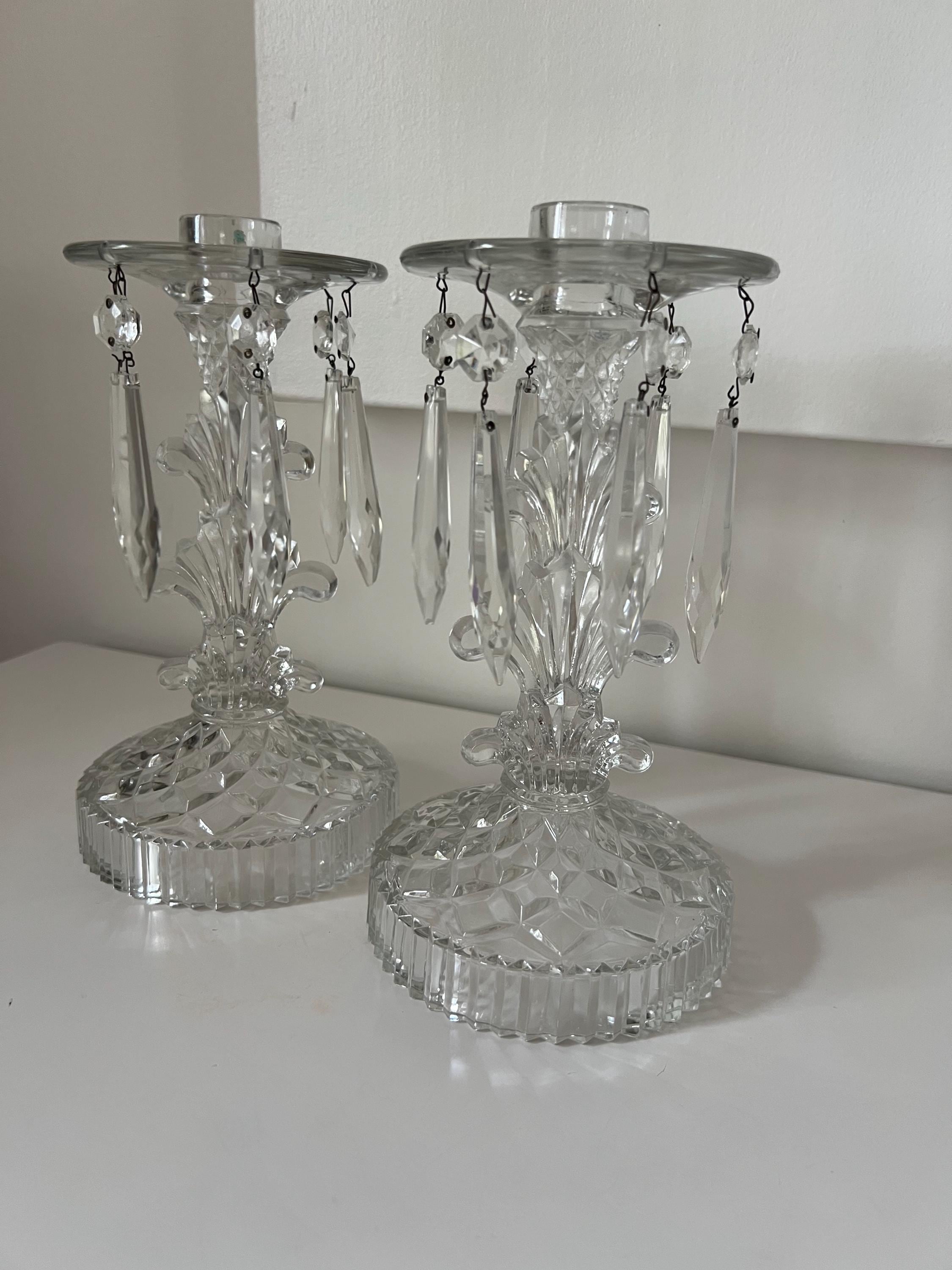 Gorgeous American glass convertible Candelabrums with glass drop prisms, Duncan Miller Bobeches candelabras, Early 20th century candlestick.