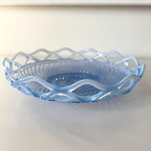Rare Vintage Imperial Glass Katy Blue Laced Edge Depression Glass Bowl 8.5”r x 2”t