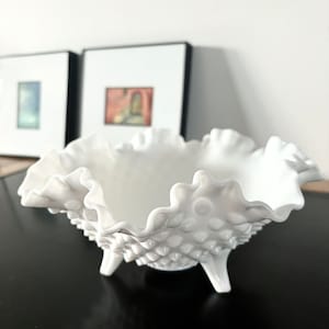 Ruffled Edge Fenton Hobnail Milk Glass Crimped 3-Toed Round Bowl | 8”