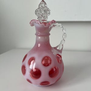 Vintage Fenton Art Glass Cranberry Coin Dot Cruet W/Stopper 7.5”T 4R