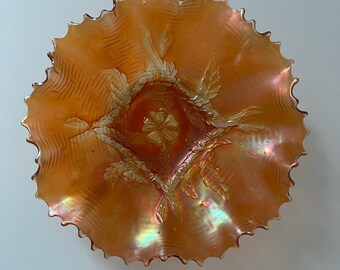 Vintage Dugan Diamond Cosmos Variant Marigold Carnival Glass Ruffled Bowl 10R 2.5T
