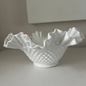 Vintage Fenton White Milk Glass Hobnail Ruffled Edge Bowl Dish