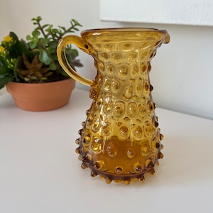 Empoli Italy Amber Glass Hobnail Pitcher MCM Spikey Seed Jug Pitcher Vase | 5.5&quot;