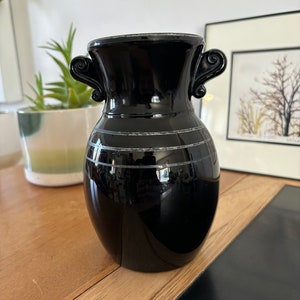 Mid Century Vintage L.E. Smith Black Amethyst Banded Glass Vase