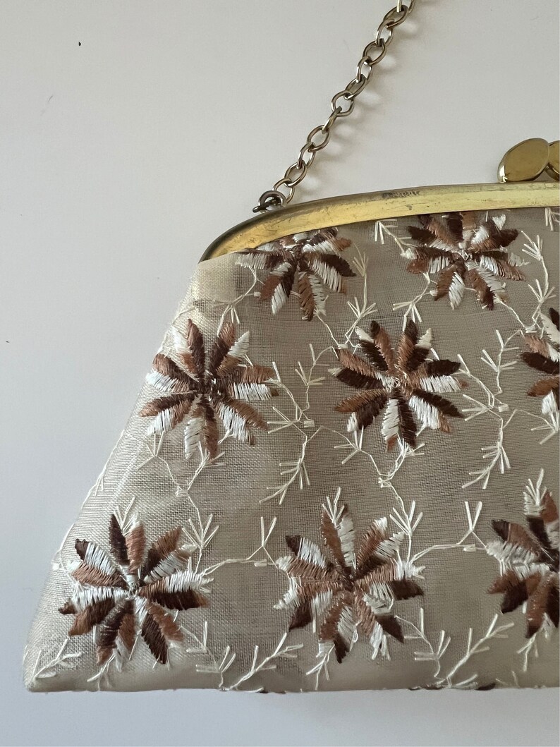 Vintage Cream Brown Gold Embroidered Handbag Clutch Handbag image 2