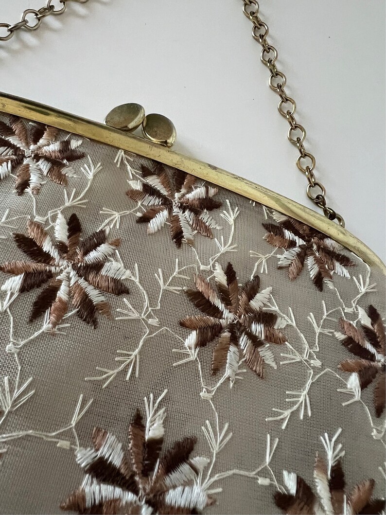 Vintage Cream Brown Gold Embroidered Handbag Clutch Handbag image 5