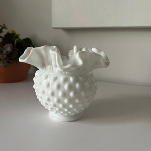 Fenton White Hobnail Milk Glass Crimped Vase