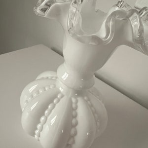 Vintage Fenton Silvercrest White Milk Glass Ruffled Edge Beaded Melon Vase