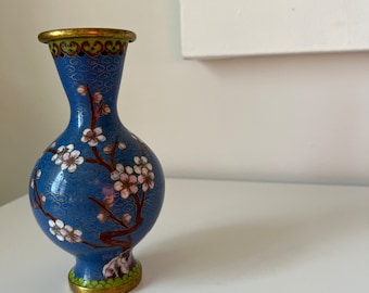 Vintage Chinese Cloisonné Vase Flowering Blossom Tree and Bird | Blue  | Enamel | Brass