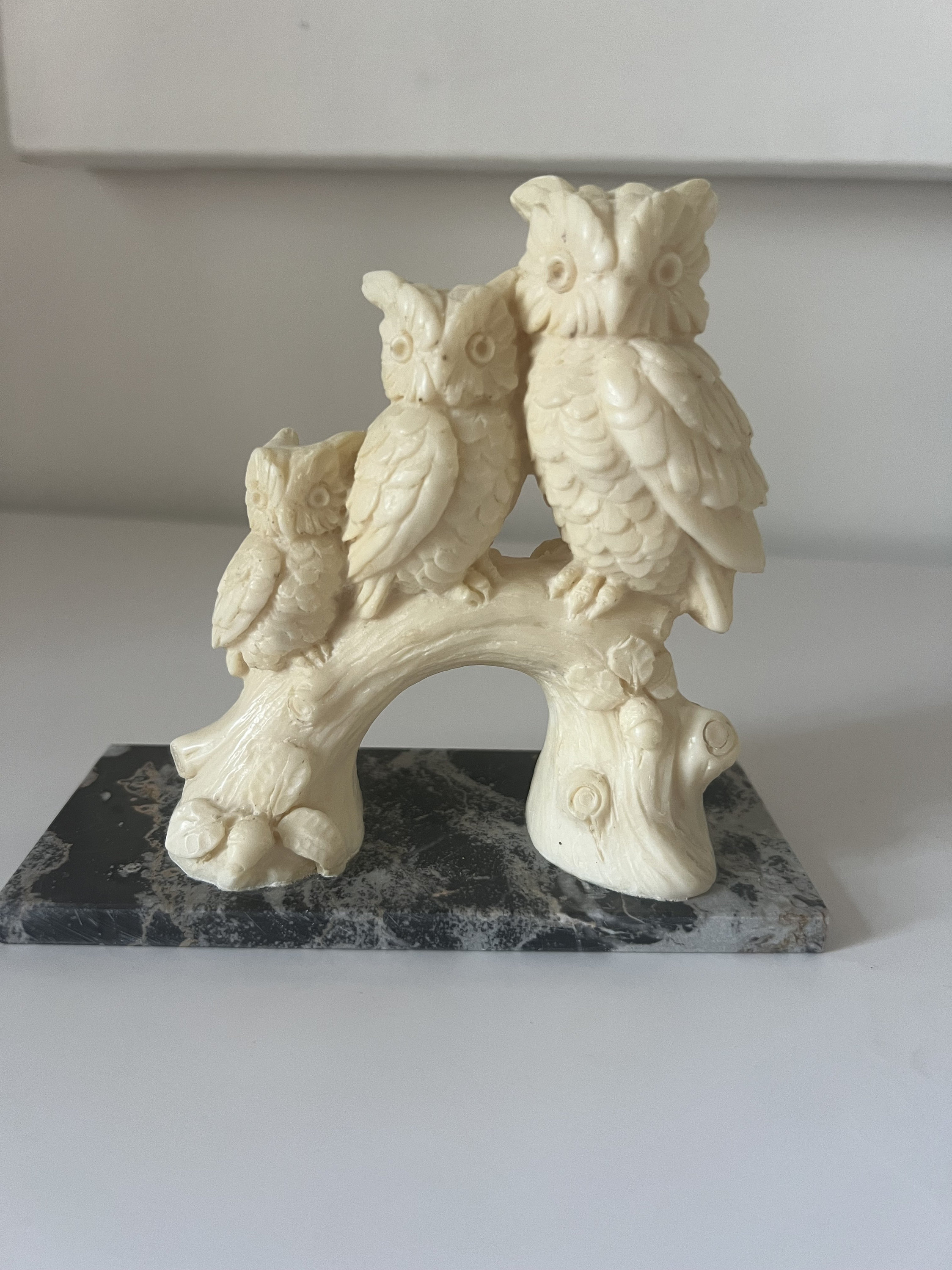 Vintage Resin Owls On Tree Branch Sculpture with Marble Base | Made In Italy | A Santini