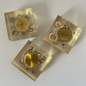 Vintage Lucite Cube Pocket Watch Paperweight Exploded  | Deconstructed Watch Art | Rare Mid-Century