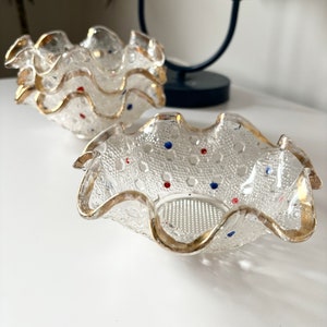 Mid Century Ruffled Edge Polka Dot + Gold Glass Bowls | Set of 4 | Origin Australia