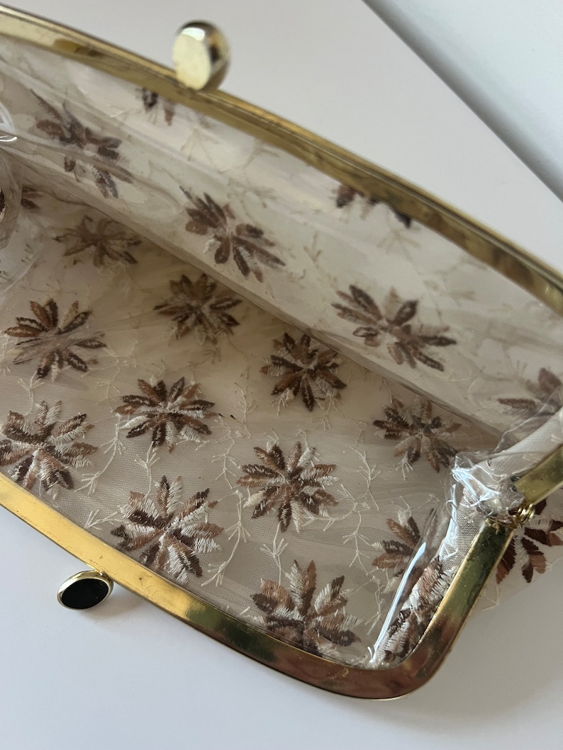 Vintage Cream Brown Gold Embroidered Handbag Clutch Handbag image 4