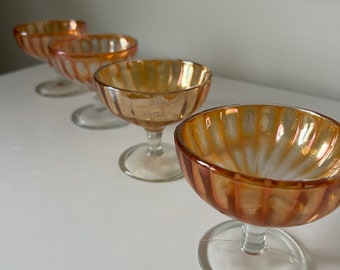 Marigold Carnival Iridescent Orange Pedestal Footed Champagne | Dessert Ice Cream Sherbert Glasses | Set of 4