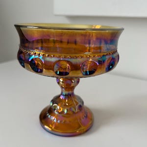 Kings Crown Gold Carnival Glass Compote Dish / Thumbprint / Pedestal Candy Dish / Iridescent Gold Glass Compote Dish 5.25”T 5”R