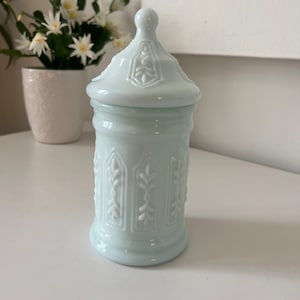 Vintage Ice Blue/White Milk Glass Apothecary Jar W/Lid