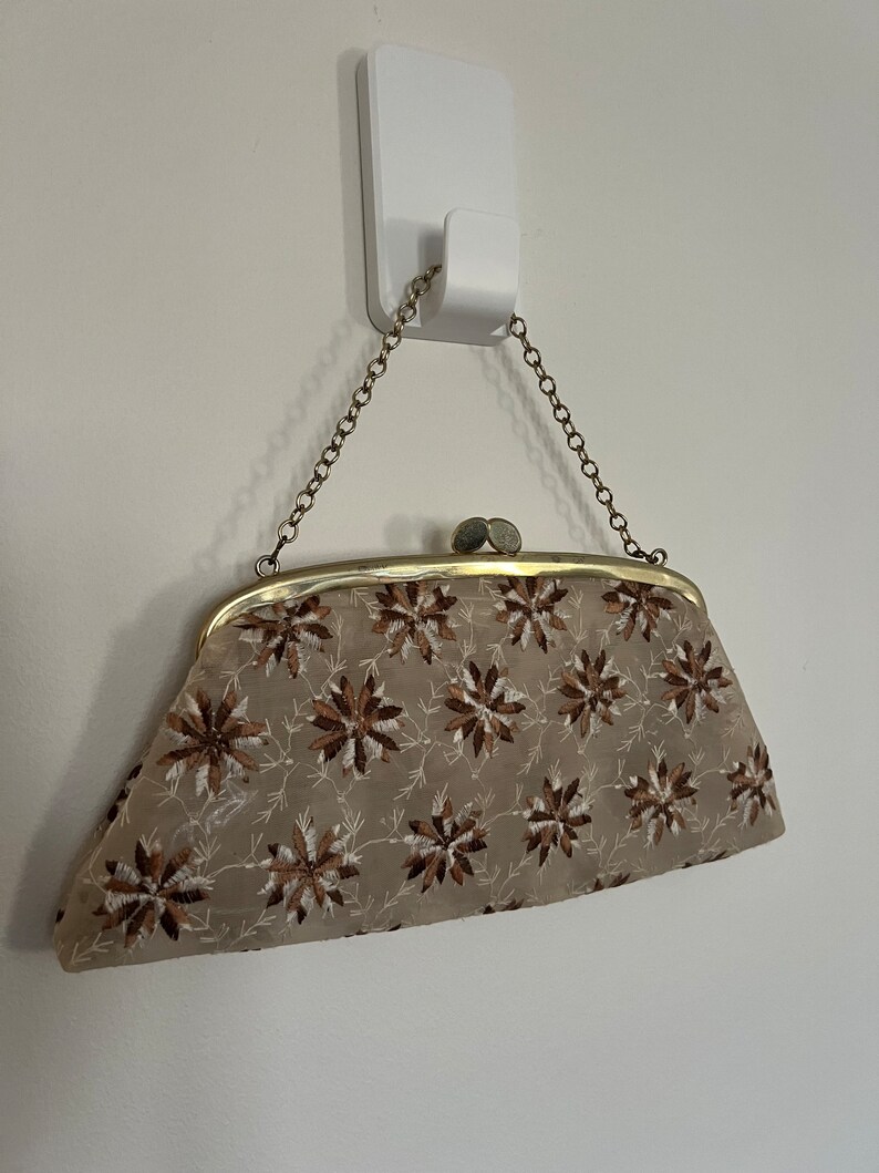 Vintage Cream Brown Gold Embroidered Handbag Clutch Handbag image 6