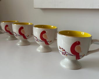 Vintage Anthropologie Footed Cafe Latte Coffee Mug Tea Cup Yellow Pink Red Bird Set of 4