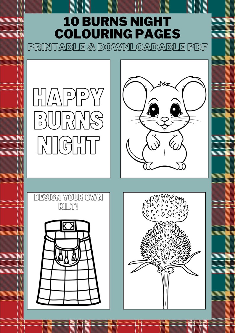 10 Burns Night Colouring Sheets, Robert Burns Inspired, Instantly