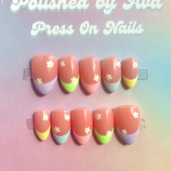 Pastel Spring Press on Nails, French Tips, Short Almond, Handmade, Gel, Custom, Flowers, Daisies, Frenchies, Reuseable Colorful, Easter Pink