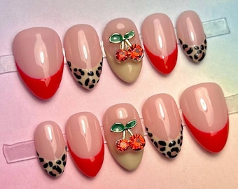 Valentine’s Day Nails, Cheetah Print, 3D Cherry Charm, Red French Tips Short, Aesthetic, Trendy, Luxury Press ons Gel February baddie y2k