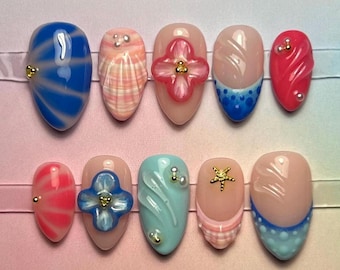 Summer 3D Flower Press Ons, Pink and Blue, Vacation Nails, Beach Ocean Starfish Seashell, Short Almond, Aesthetic Custom Press on Nails Gel