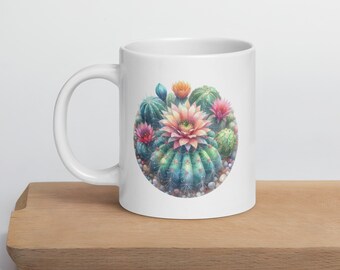 Fleur du désert : Mug à café blanc brillant aquarelle cactus en fleurs