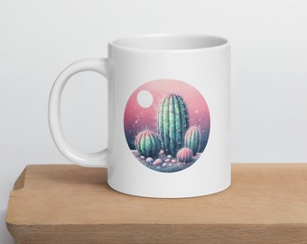 Palette épineuse : Tasse à café brillante blanche aquarelle de cactus artistique