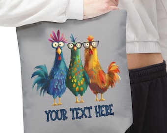 Personalized Chicken Tote Bag, Quirky Chickens with Glasses, Custom Farm Gift