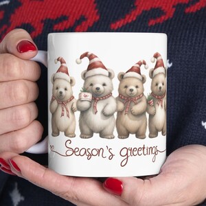 Christmas Bears Ceramic Mug, (11oz, 15oz) &quot;Seasons Greetings&quot; Bears Coffee Mug Festive Holiday Bear Design Drinkwear Christmas Gift