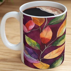 Watercolor Fall Leaves Ceramic Mug, (11oz, 15oz) Watercolor Leaves Mug | Cozy Autumn Drinkware with Warm Colors | Nature-Inspired Mug