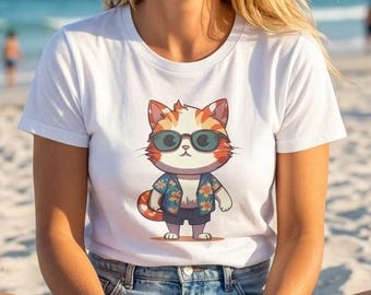 Camiseta hawaiana de gato: Camiseta playera con gafas de sol de gato para enamorados